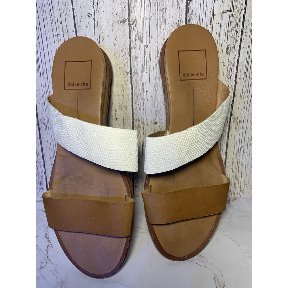 Dolce Vita White‎ & Brown Leather Slide Sandals Modern Casual